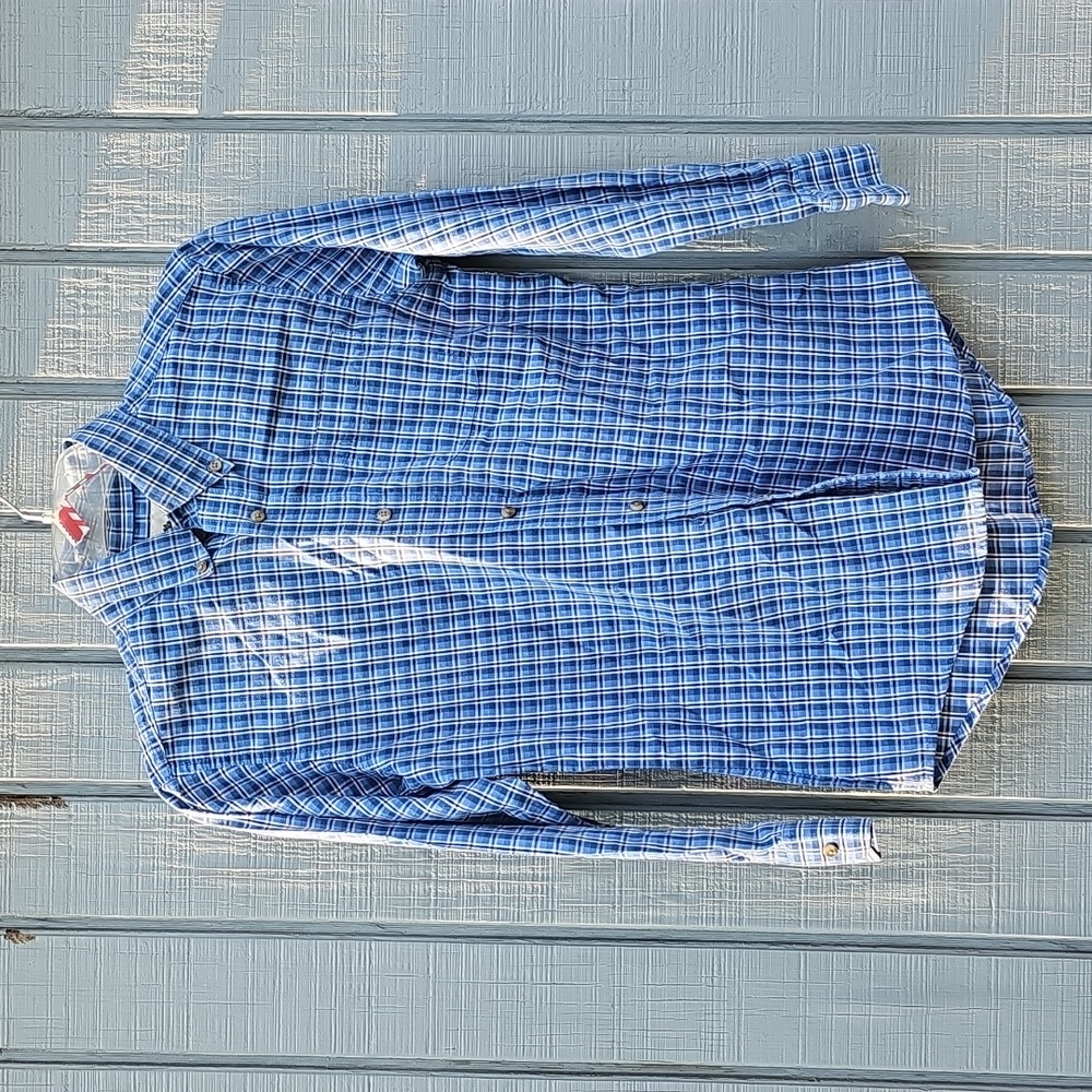 Wrangler Riata Boys Lrg 10/12 Long Sleeve Button Front Checkered Shirt Blue Used